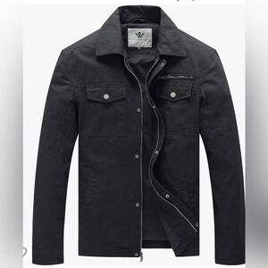 WenVen Mens Military Field Jacket Black Cotton Twill Utility Cargo Coat Size M